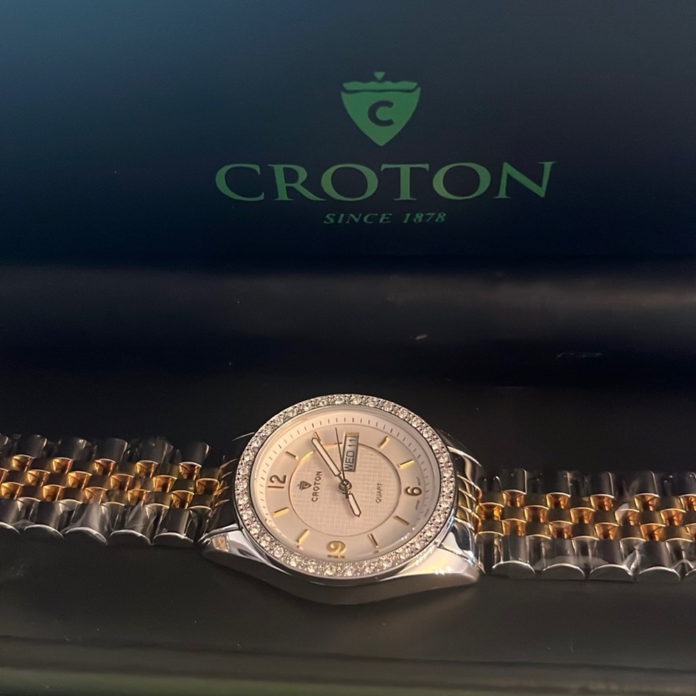 Croton Ladies "Pettillant" Two tone Day/Date Quartz Watch,Austrian Crystal Bezel